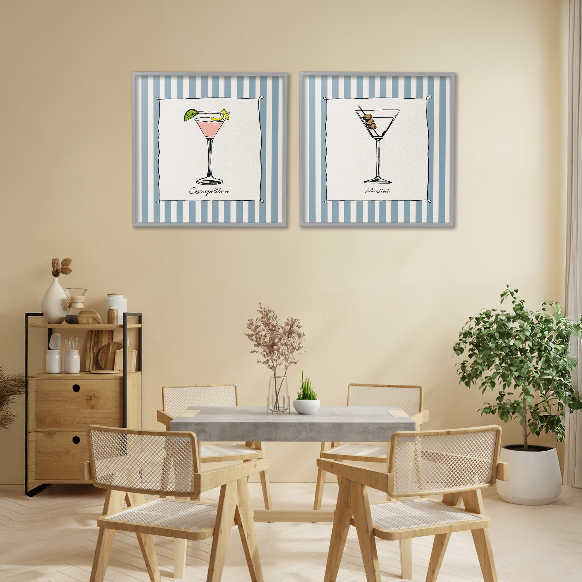 Stupell Industries Summer Drinks on Stripes 2 Piece Gray Framed Giclee Art Set, design by Susan Jill