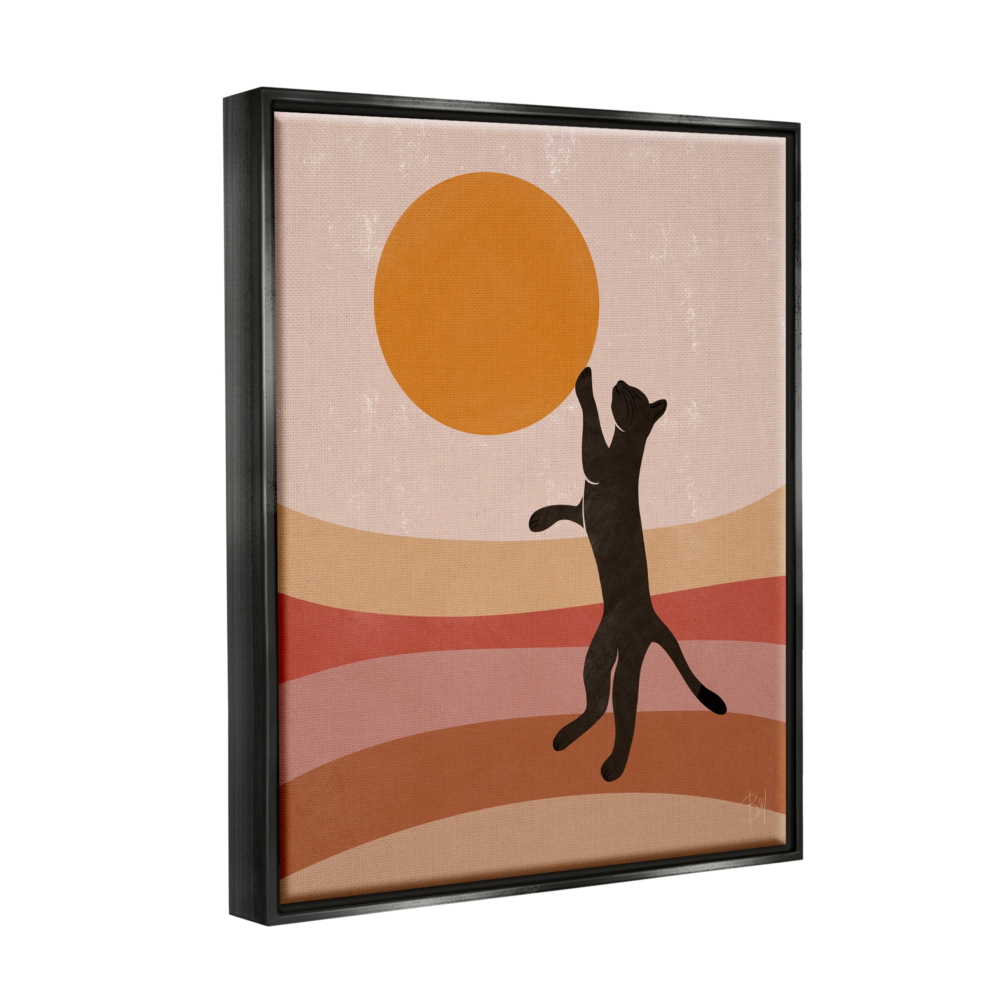 Stupell Industries Black Cat Reaching Stripes Pattern Animals & Insects Painting Black Floater Framed Art Print Wall Art