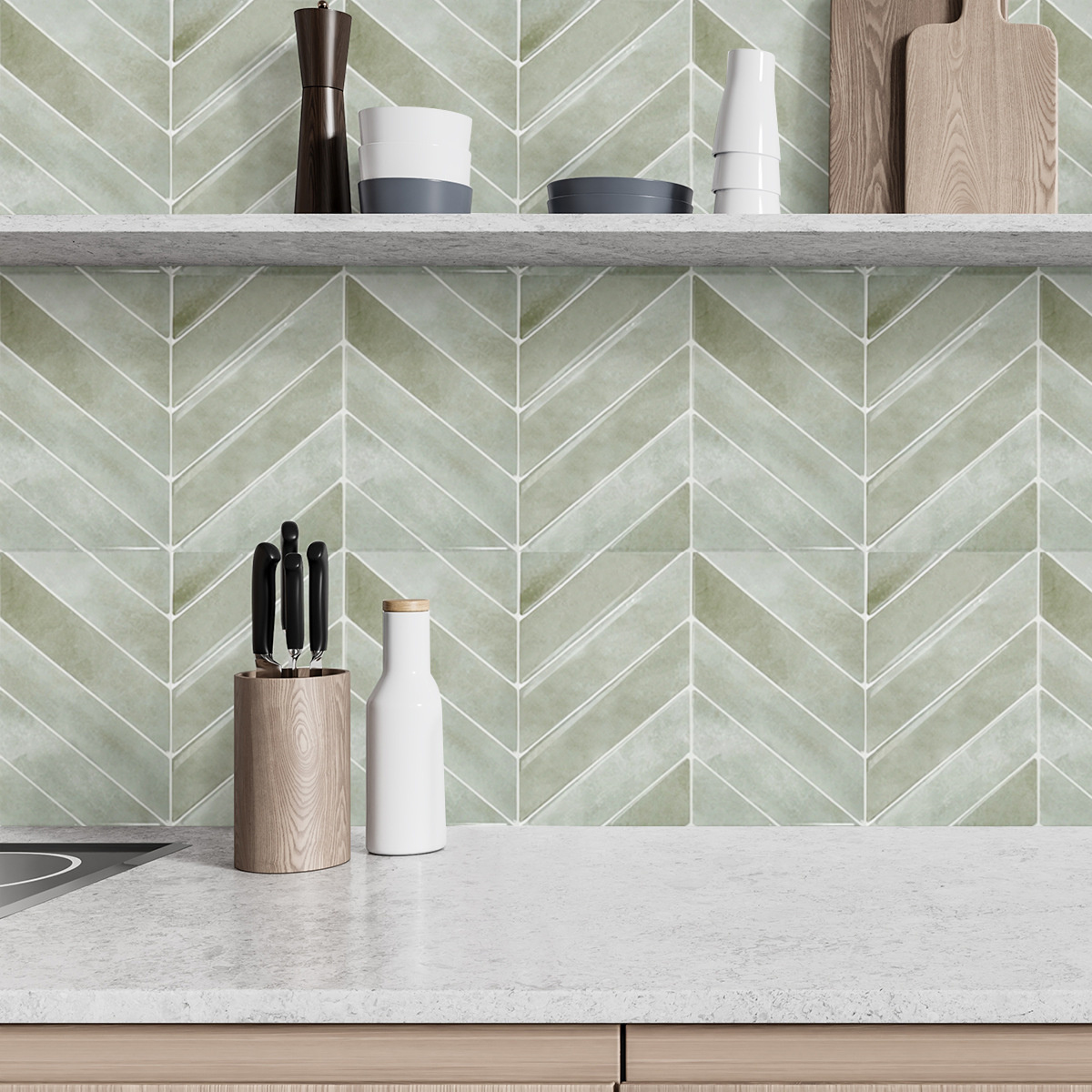 10-Sheet Self-Adhesive Kitchen Tile Backsplash, Dingrich 9x11.4inch 3D Peel and Stick Wall Tile Backsplash Stickers, Wall Decor Stickers for Kitchen, Bedroom, Living Room - Light Greenish Gray