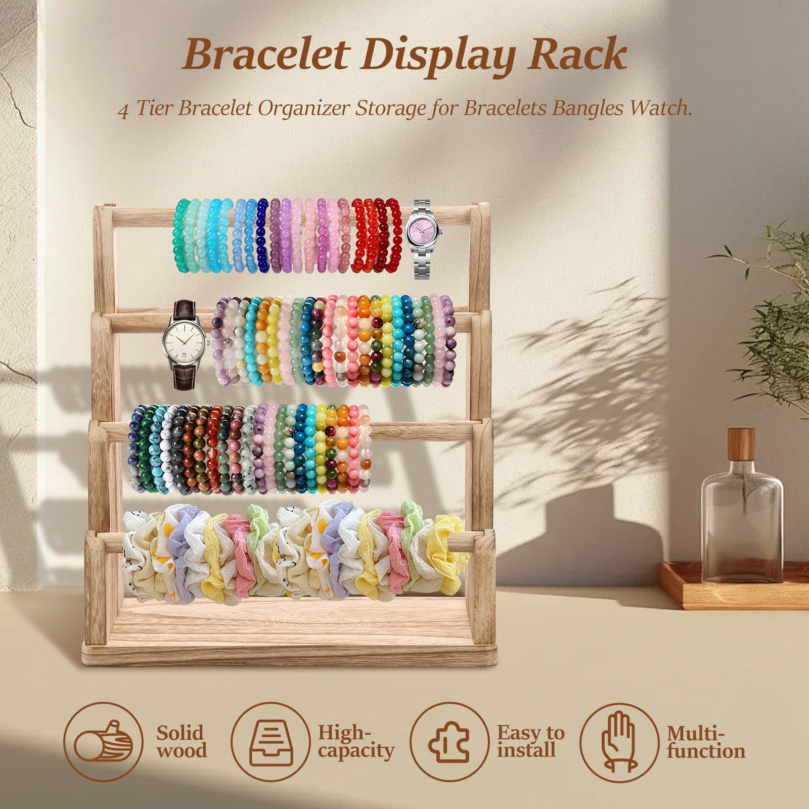 Wood Bracelet Holder 4 Tier Large Capacity Jewelry Organizer Display Stand Watch Hanger (woodcolor )