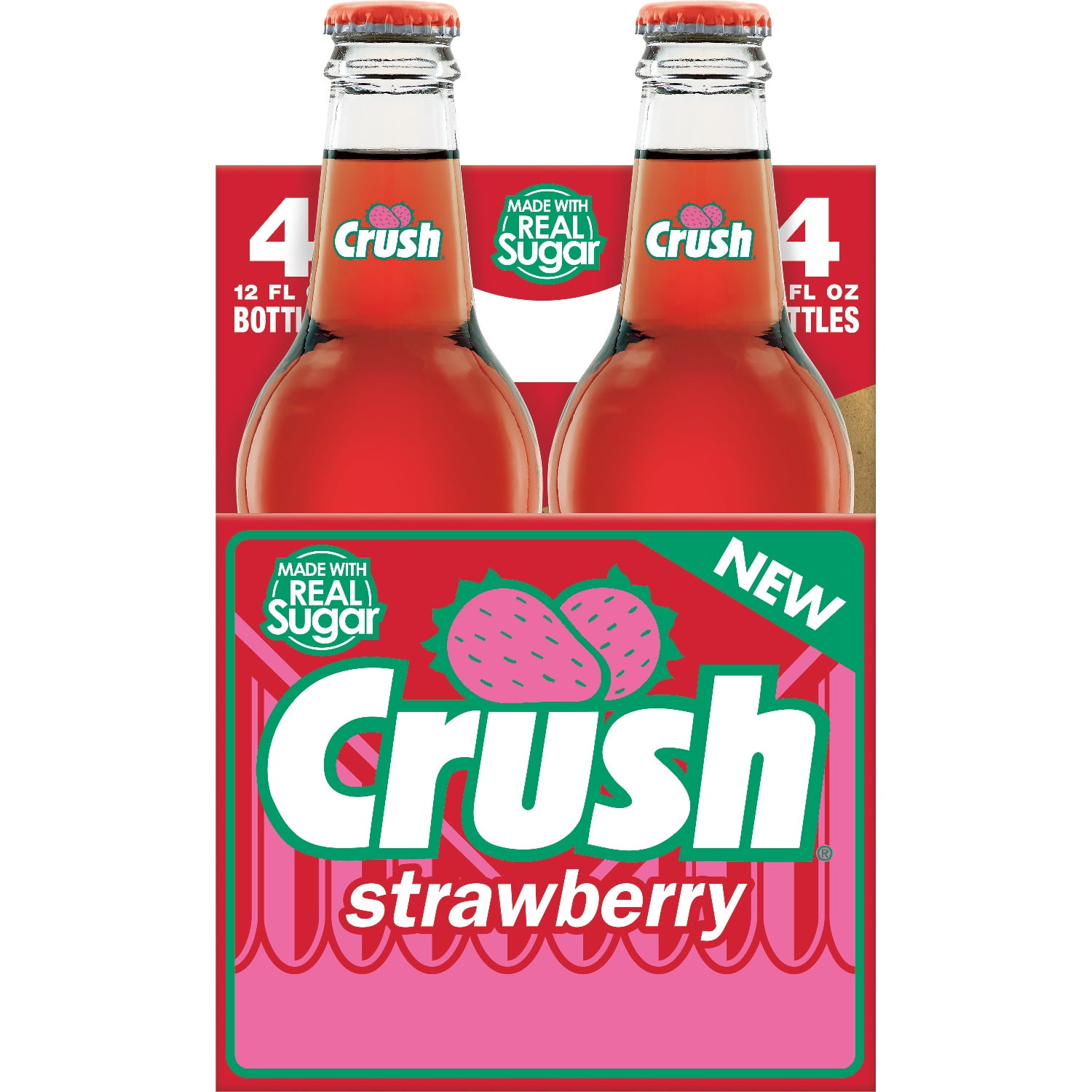 Crush Strawberry Soda Made with Sugar, 12 fl oz glass bottles, 4 pack