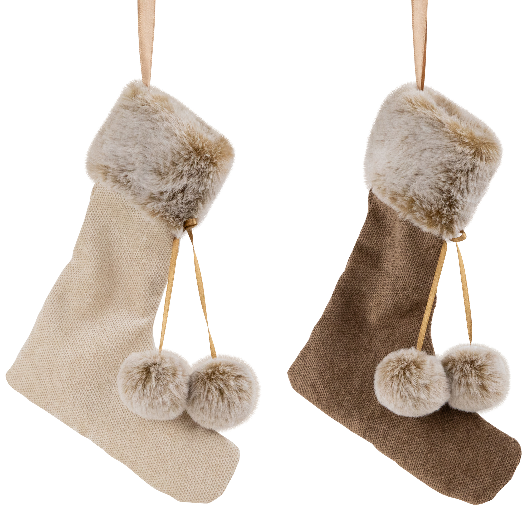 Northlight Plush Stockings Christmas Ornaments -  7.5" - Beige and Brown - Set of 2