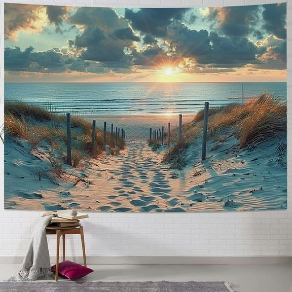 Creowell  Ocean Beach Scenic Tapestry Nature Blue North Holland Brown Sundown Blue Sky Seaside Costal Scenery Landscape Sand Vivid Wall Hanging Indigenous Bedroom Living Room 40x30inch