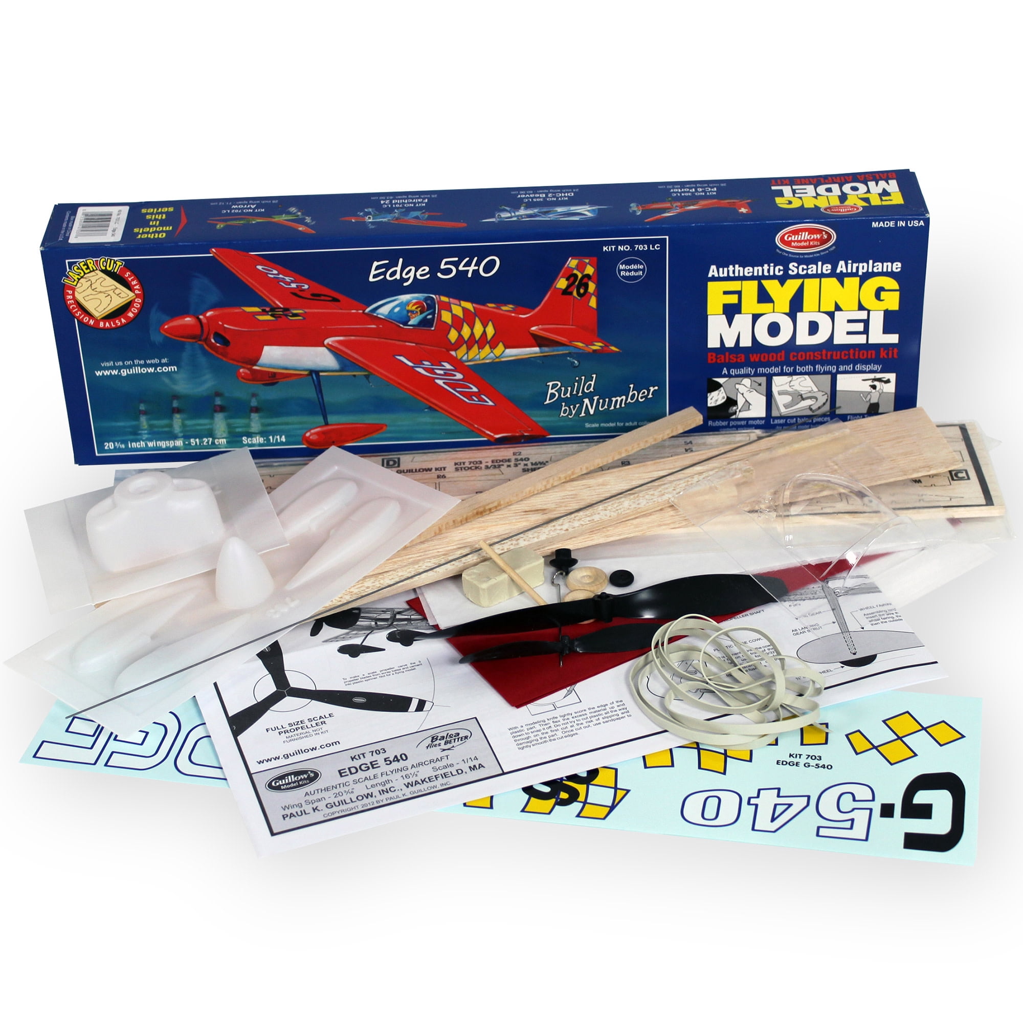 Guillow's: Flying Model Kit - Edge 540 - 20" Wingspan, Classic Balsa Wood, DIY Build-By-Number Plane Building, Laser-Cut Parts, Hobby Collectible, 703