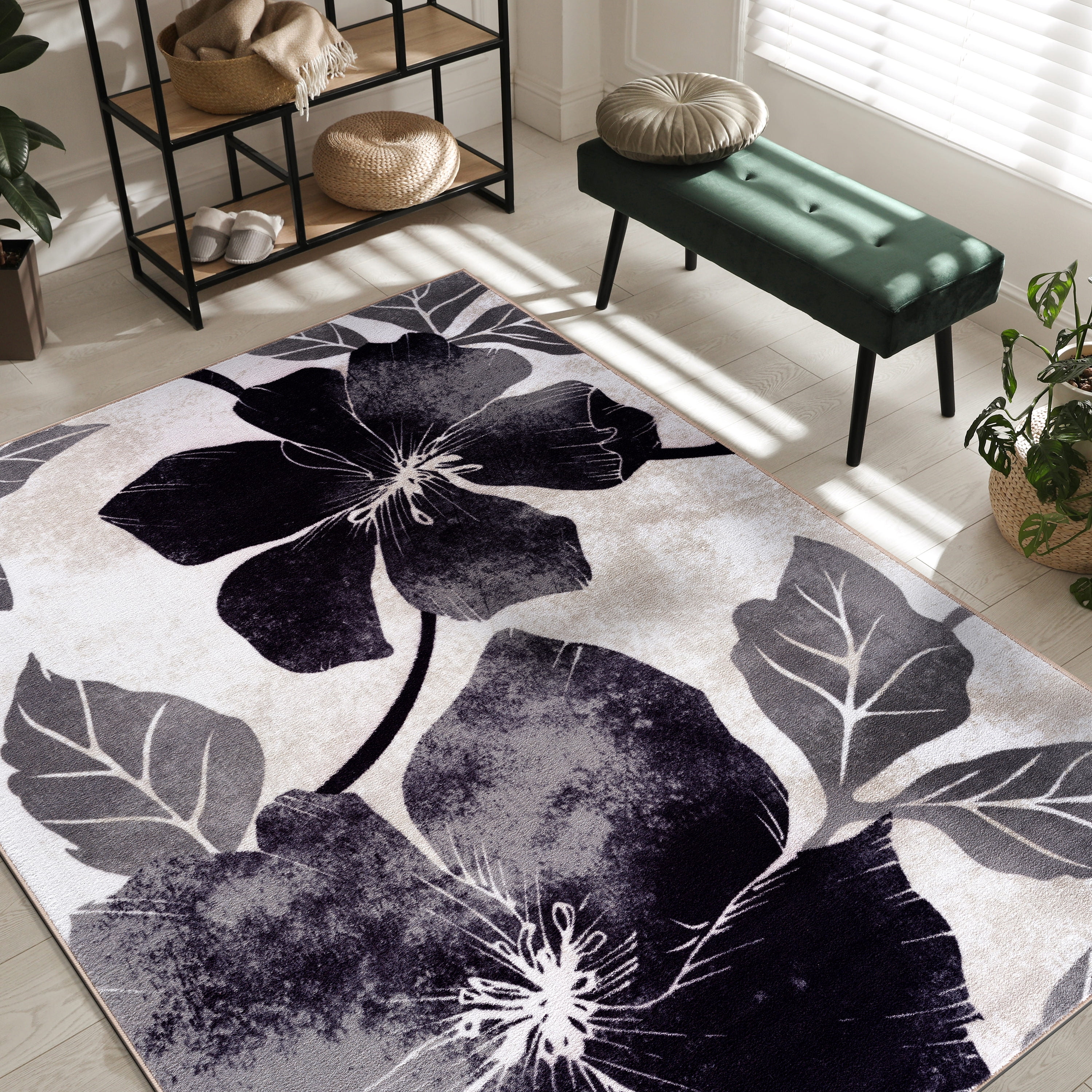 CAMILSON Solana Non Slip Modern Floral Indoor Area Rug Black/Grey 8x10