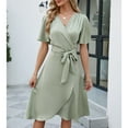 thumbnail image 4 of Defitshape Women's Midi Dresses Summer Dress V Neck Fall High Waist Casual Short Sleeve Fitted Elegant Sundress Light Green XX-Large, 4 of 4