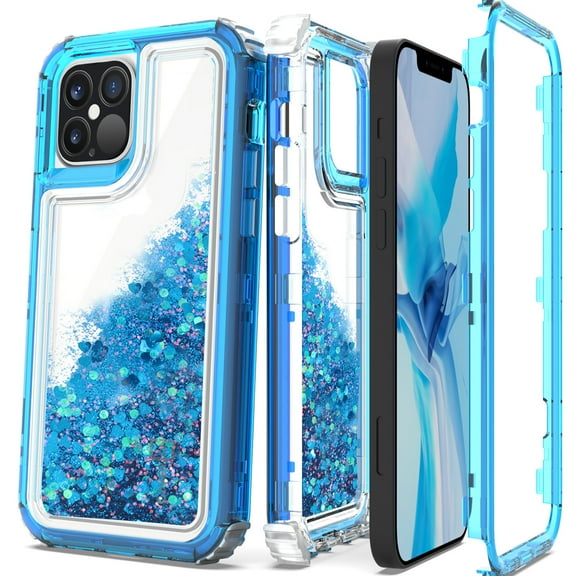 CoverON Apple iPhone 12 Case / iPhone 12 Pro Case (6.1"), Liquid Glitter Military Grade Heavy Duty Full Body Clear Bling Quicksand Phone Cover, Blue