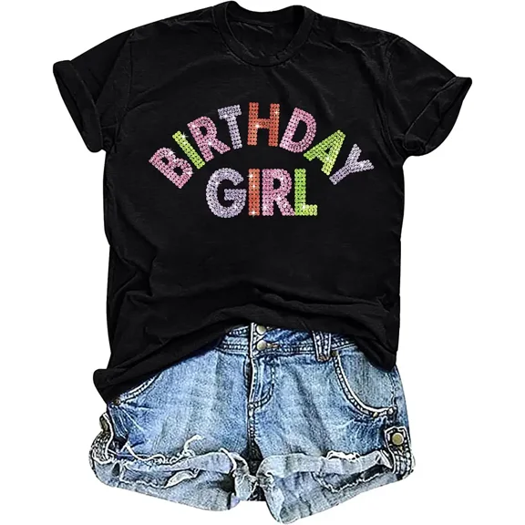 Tewmeu Birthday Girl Shirt Womens Sequin Birthday Party Gift Cute Graphic Short Sleeve Crewneck Outfit