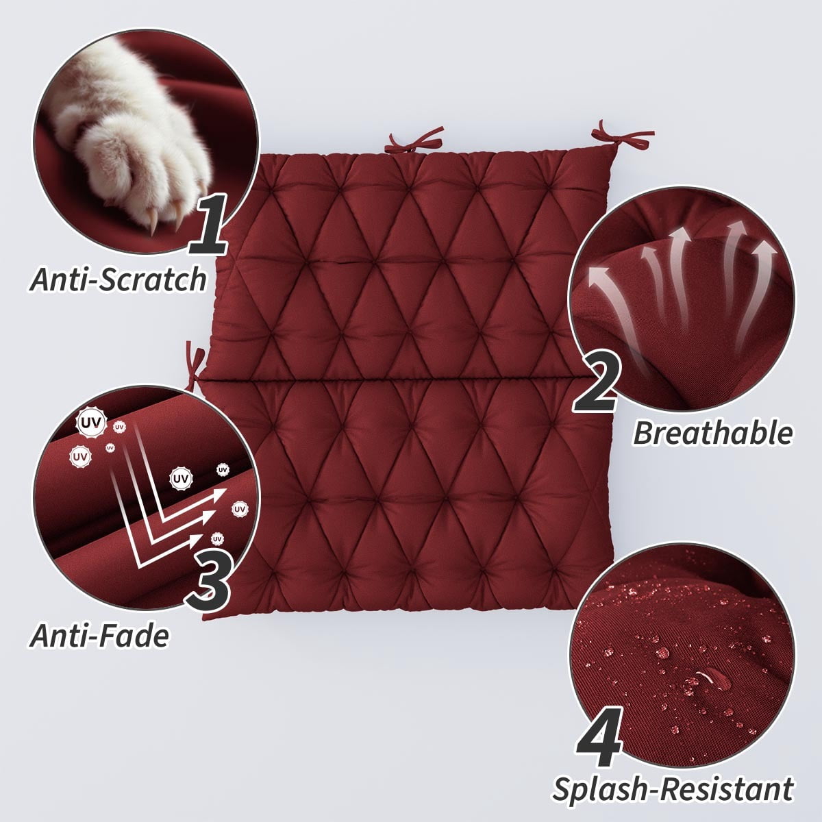 Pakunoda Porch Swing Cushions 40” X 40” X 5”, 2-3 Seater Bench Cushion with Backrest, Waterproof Replacement Outdoor Cushion with Tie, Burgundy