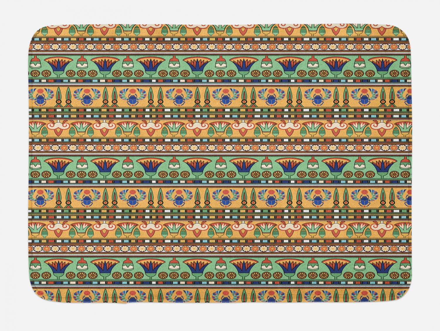 Egyptian Bath Mat, Ethnic Motifs Pattern with Lily Flower and Scarab Figures Abstract Artistic