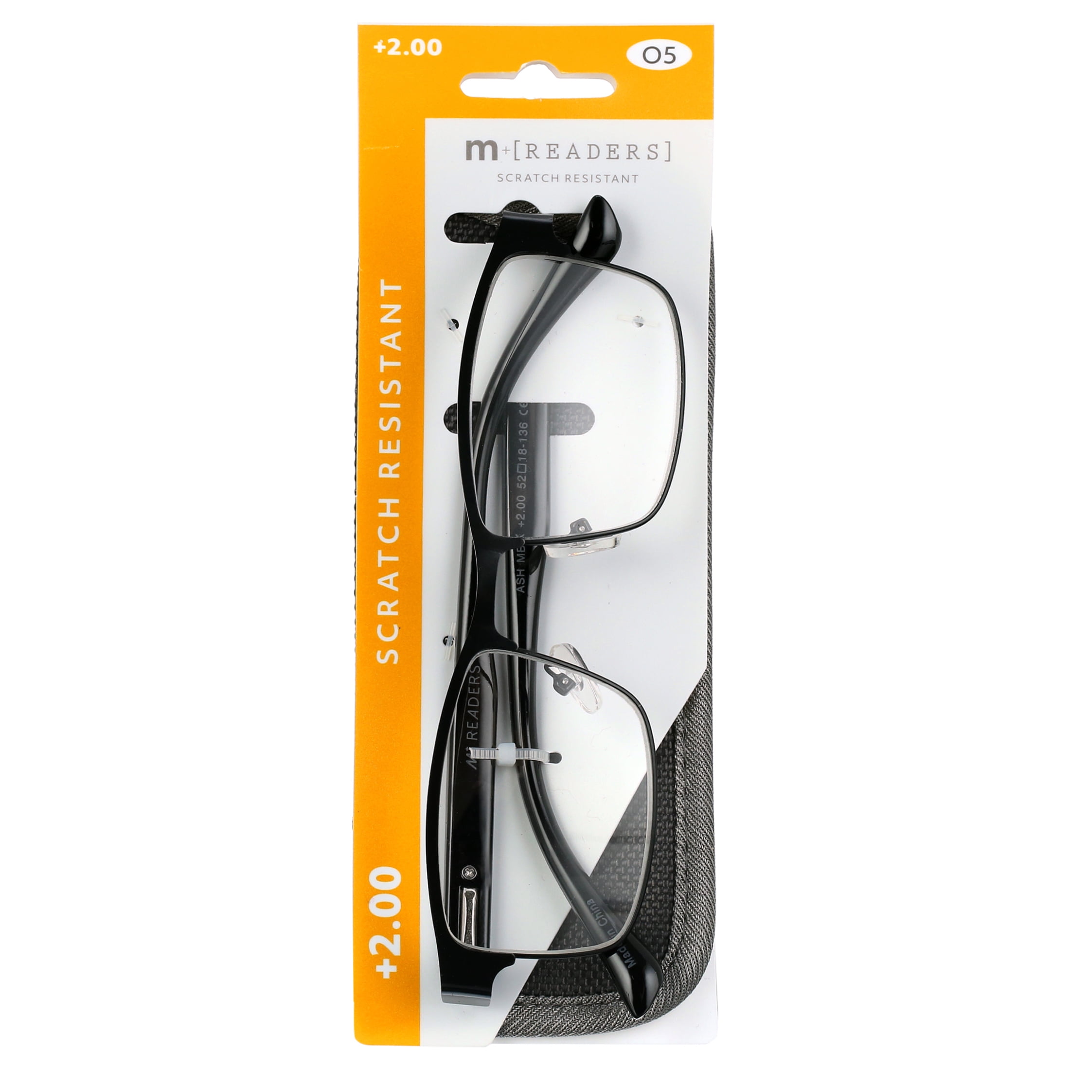 M+ Men's Ash +2.00 Rectangle Reading Glasses with Case, Black Matte