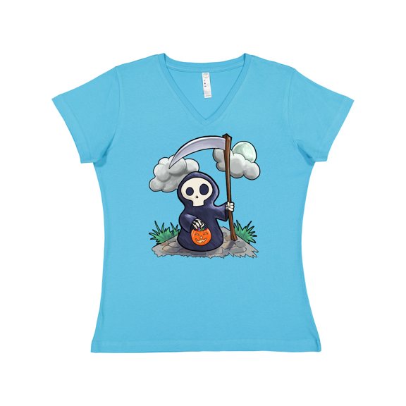 Inktastic Halloween Trick or Treating Cute Grim Reaper Women's V-Neck T-Shirt
