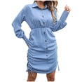 thumbnail image 1 of Robes Boutonnées pour Femmes à Col, Couleur Unie, Robe Chemise à Manches Longues, Cordon de Serrage, Décontractée, Douce, Robe Courte d'Automne, 1 of 7