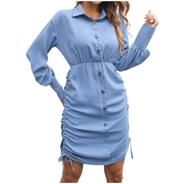 Robes Boutonnées pour Femmes à Col, Couleur Unie, Robe Chemise à Manches Longues, Cordon de Serrage, Décontractée, Douce, Robe Courte d'Automne