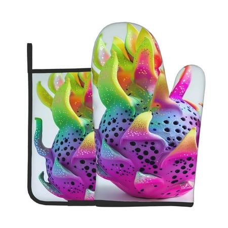 

KLL Colorful Glitter Dagon Fruit Pattern Oven Mitts and Pot Holders 2pcs Sets for Kitchen Oven Mitt Heat Resistant 536°F Oven Gloves for Kitchen Cooking and Baking