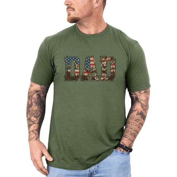 Patriotic Dad Shirt for Men American Flag Mountain Camo Graphic Tee Outdoor Father's Day Gift Military Green Shirt Adult L