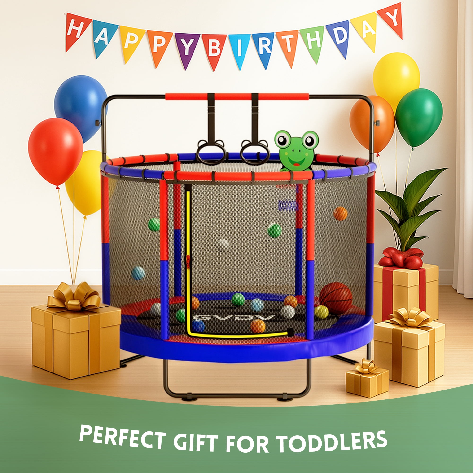 Trampoline for Kids, 60" Toddler Mini Trampoline with Enclosure Net, Basketball Hoop