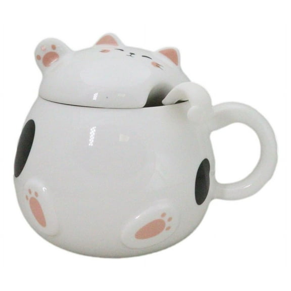 Whimsical White Chubby Feline Kitty Cat Cup Mug With Lid And Stirring Spoon