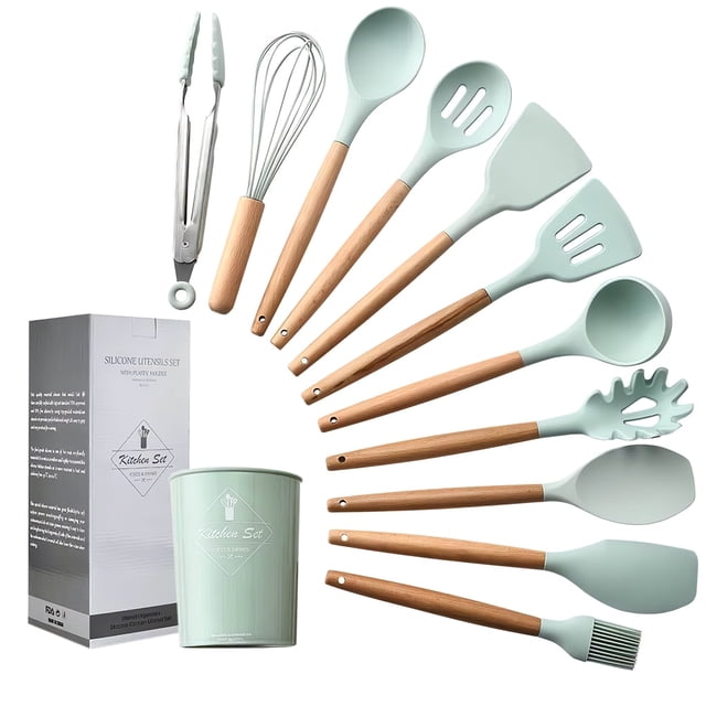Kitchen Utensils Set 11Pcs Silicone Non-stick Barreled Cooking Utensils Set Silica Gel Utensil Wooden Handle Kitchenware Set