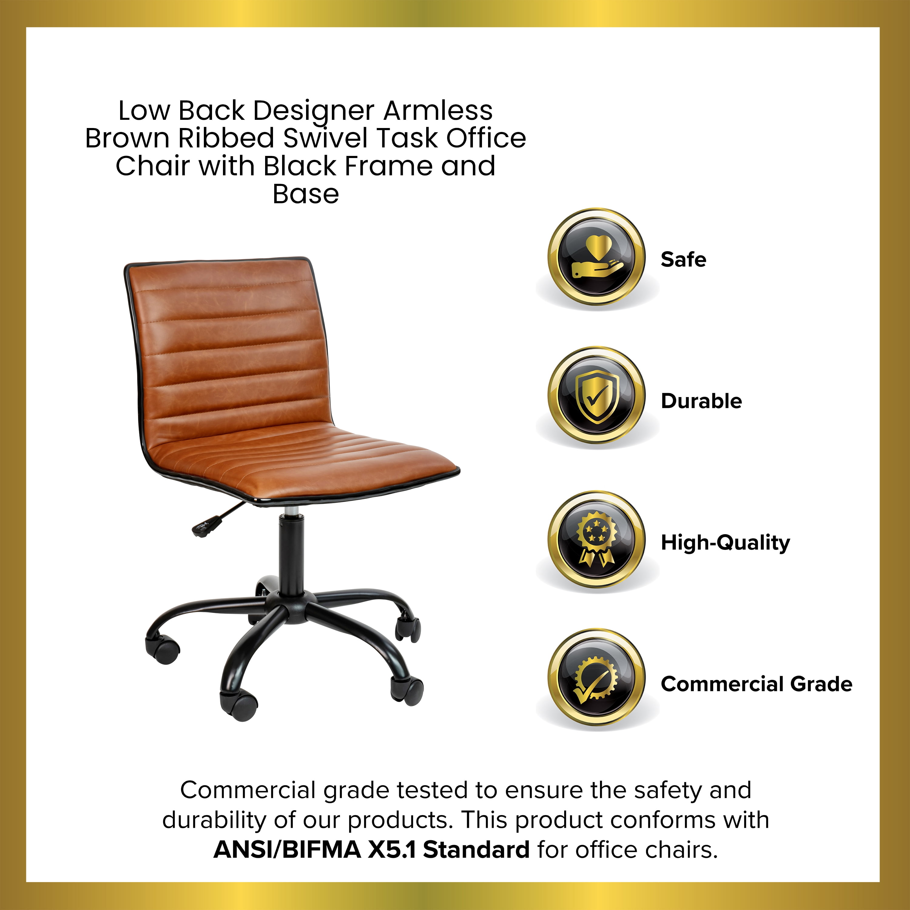 Merrick Lane Home Office Chair Ergonomic Executive Brown Ribbed Low Back Armless Computer Desk Chair - Black Base, Frame & Border