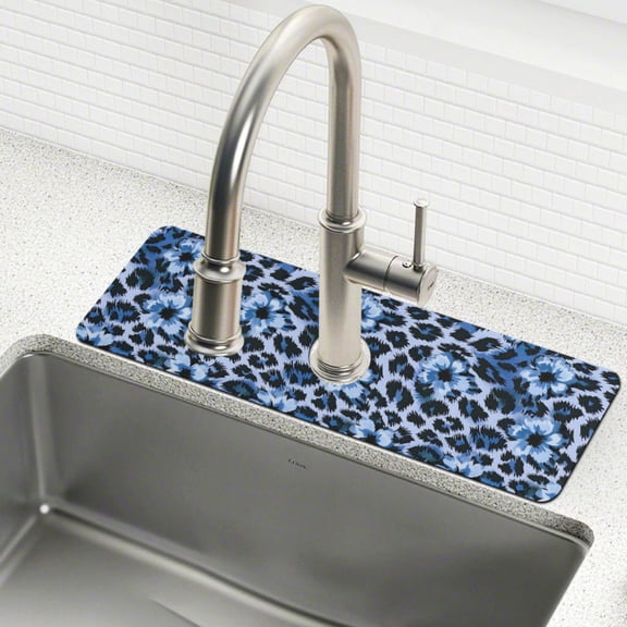 Yayeee Faucet Mat for Kitchen Sink 14.7" Diatomite Long Splash Guard Pad, Blue Floral Leopard Pattern