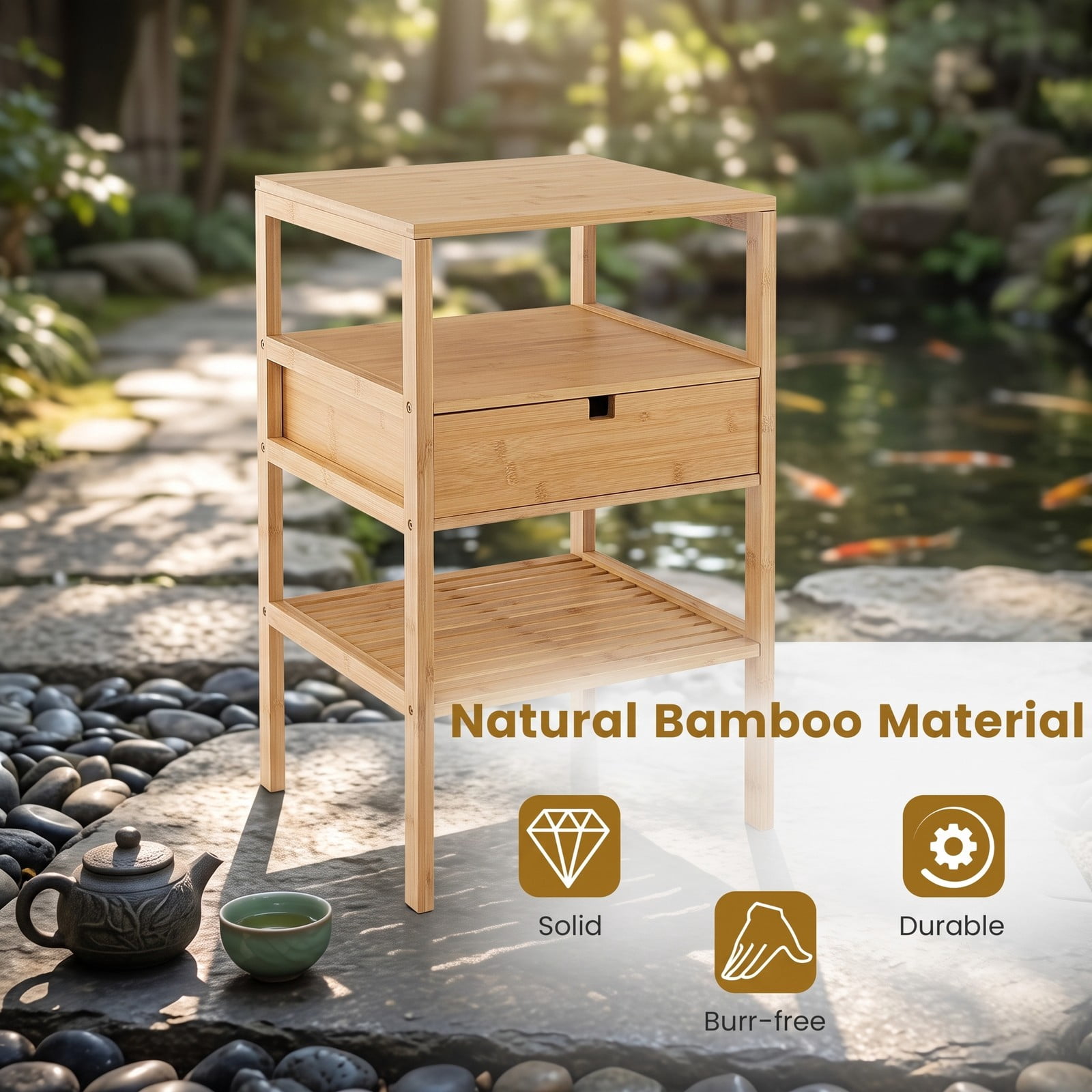 Furnibear Bamboo Nightstand with Storage Drawer and Slatted Open Shelf for Bedroom Living Room and Study Room, Wood Bedside Table, Natural