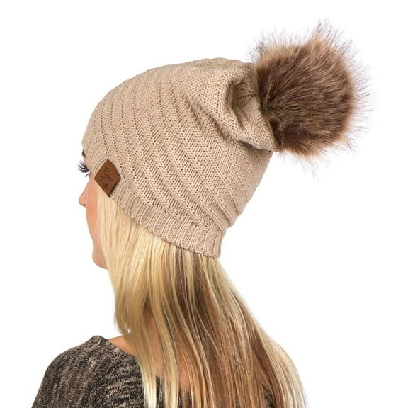 Karen Keith Beanie, Slouchy Warm Winter Hat, Knit with Pom-Pom on Top LTC Hats POM4 (Khaki B)