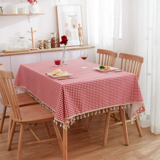 Rectangle Tassel Tablecloth Red And White Checd Premium Cotton Linen Dust Proof Table Cover For Kitchen Dinning Restaurant Wedding Party Catering Tabletop Decoration 55 X86 6 8 Seats Com Rectangle Tassel Tablecloth Red And, What Size Tablecloth For Table That Seats 8