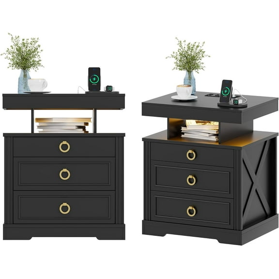 Nightstand Set 2 with Gun Drawer, Bedside Table with Wireless Charging Station, Auto Senor Night Stand with 3-Color LED Light, Modern End Table for Bedroom(Black)
