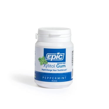 Epic Xylitol Chewing Gum - Sugar Free & Aspartame Free Chewing Gum Sweetened w/Xylitol for Dry Mouth & Gum Health (Peppermint, 50-Piece Bottle)