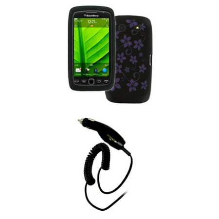 EMPIRE BlackBerry Torch 9850 9860 Black with Purple Hawaiian Flowers Design Silicone Skin Case Cover + Car Charger (CLA) [EMPIRE