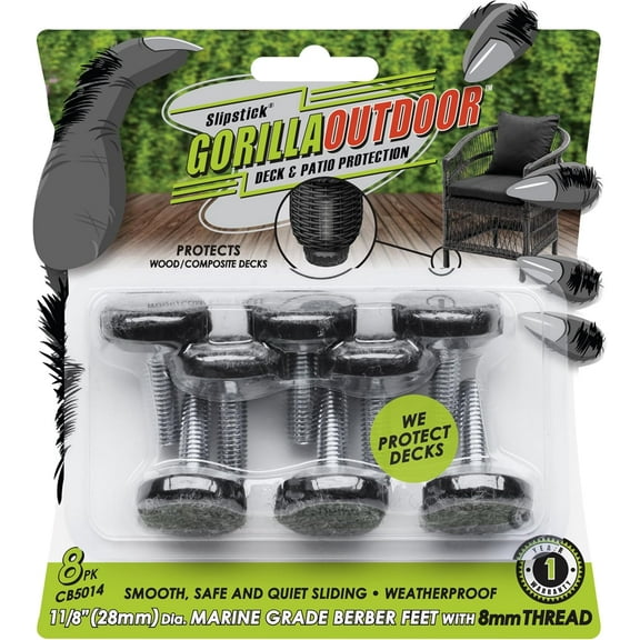 Slipstick Gorilla Outdoor Adjustable Furniture Levelers (8 Pack) Weatherproof Screw in Leg Glides for Chairs, Tables, and Outdoor Furniture Feet, 1-1/8 Inch Berber Glide, M8 Thread