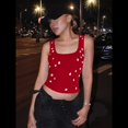 thumbnail image 4 of Top Corto Sin Mangas con Cuello Cuadrado Acanalado y Decorado con Diamantes de Imitación para Mujer Y2K Rojo M, 4 of 7
