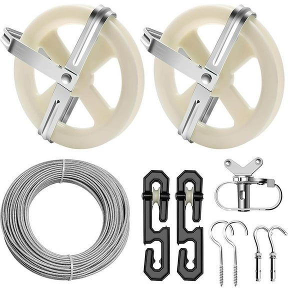 Outdoor Clothes Drying Line Set with Steel Wire Rope 5 Inch Pulley S Shaped Divider Tensioner and Hardware for Camping Travel