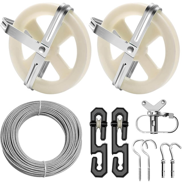 Hearth & Gear Outdoor Clothes Drying Line Set Including Steel Wire Rope 5 Inch Pulley S Shaped Divider Tensioner Screws Hooks And Expansion