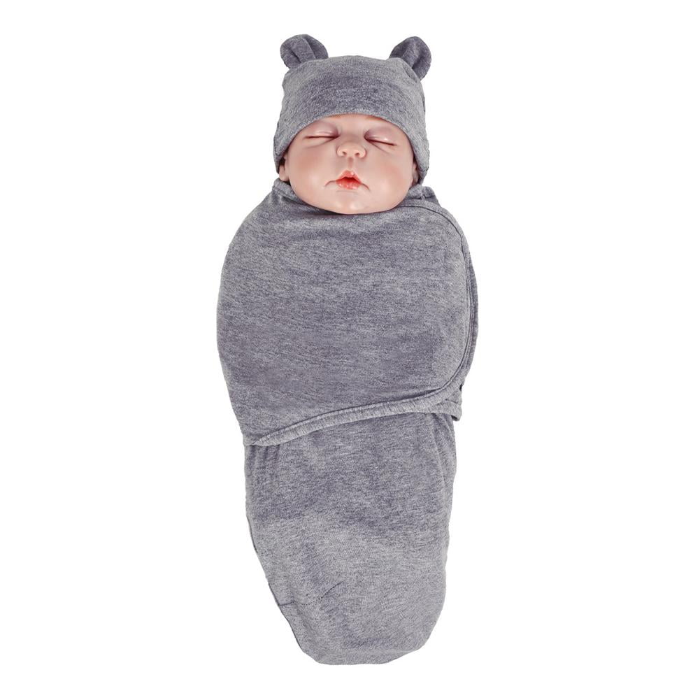 2pcs/set 0-3m Baby Cotton Cap Swaddle Wrap Infant Hat Blanket Sleeping Bags BF#