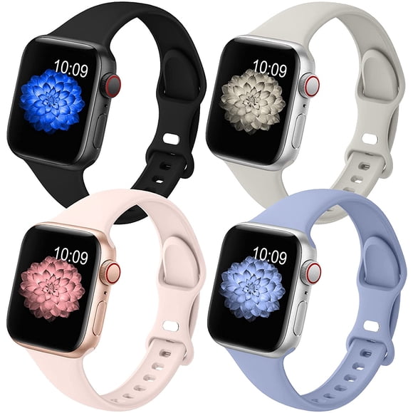 4 Pack Slim Band Compatible with Apple Watch Band 38mm 40mm 41mm 42mm 44mm 45mm for Women Men, Thin Narrow Soft Silicone Replacement Strap Band for iwatch SE/Series 7/6/5/4/3/2/1