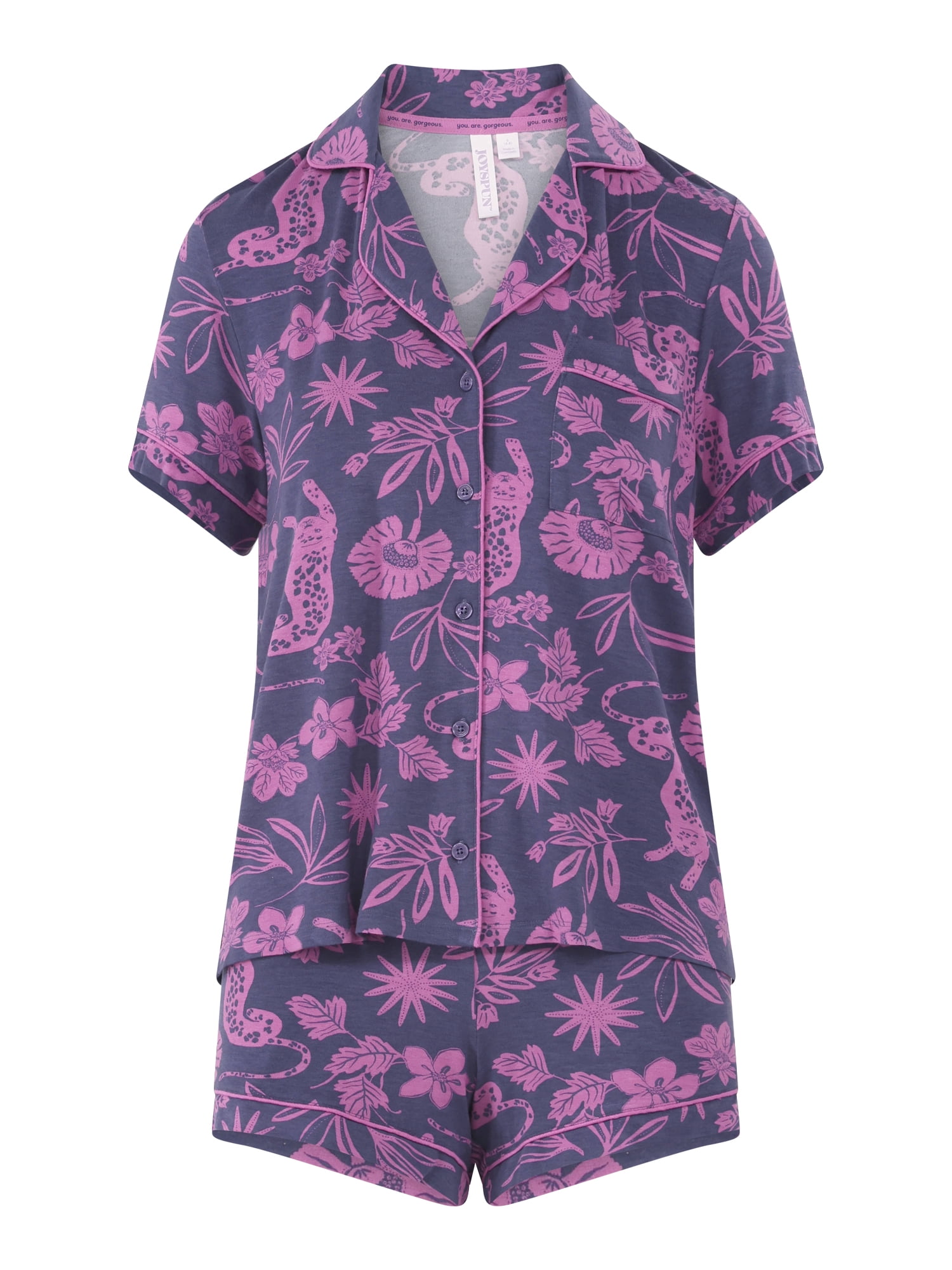 Joyspun Women’s Notch Collar Top and Shorts Pajama Set with Piping, 2-Piece, Sizes XS-3X