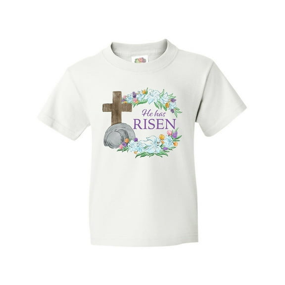 Inktastic Easter He Has Risen with Cross and Flowers Youth T-Shirt