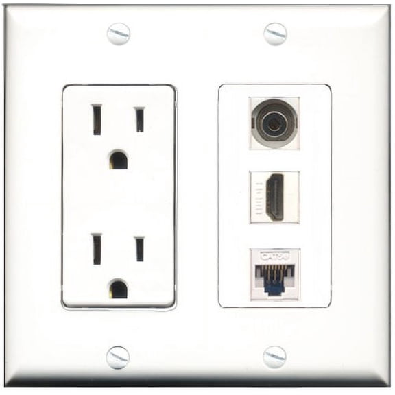 RiteAV - 15 Amp Power Outlet 1 Port HDMI 1 Port 3.5mm 1 Port Cat5e Ethernet White Decorative Wall Plate