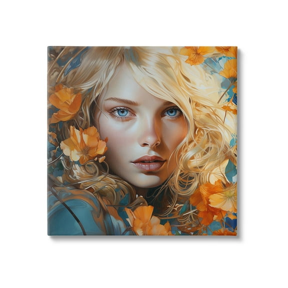 Stupell Industries Woman with Blue Gaze Botanical & Floral Painting Gallery Wrapped Canvas Art Print Wall Art, 17 x 17