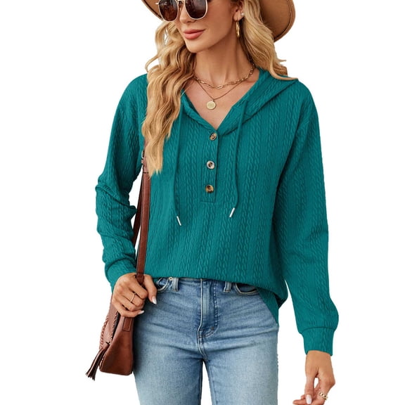 Hoodies for Womens Tops Plus Size Fashion New Solid Hooded Button Loose Long Sleeve Tops Sweater Up to 65% off