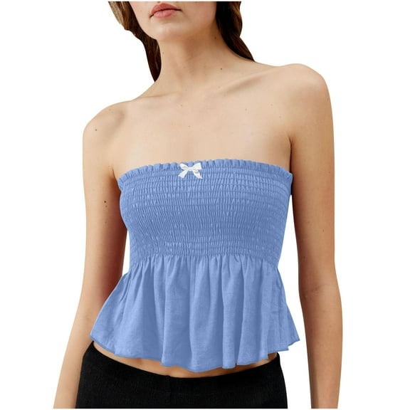 Ltctricy Strapless Babydoll Tops for Women Casual Pleated Solid Color Sleeveless Bandeau Peplum Tops Going out Tube Tops