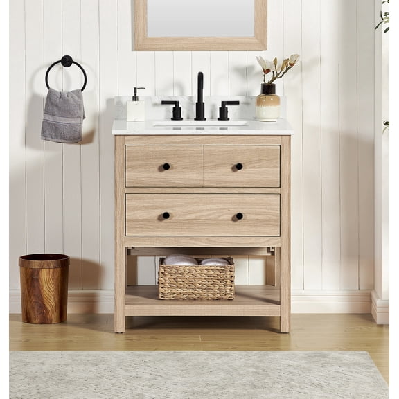 Encino 30" Single Bathroom Vanity. Carrara White Quartz Top with Sink & Backsplash. 31" W x 22" D x 34.5" H. Light Oak. MDF. Pre-Assembleb. 2 Soft-Closing Drawers. 1 Shelf. Adjustable Feet