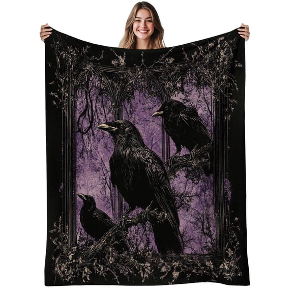Gothic Raven Print Flannel Throw Blanket, Soft Cozy Blanket, Warm Throw for Sofa Couch Bed, All Season