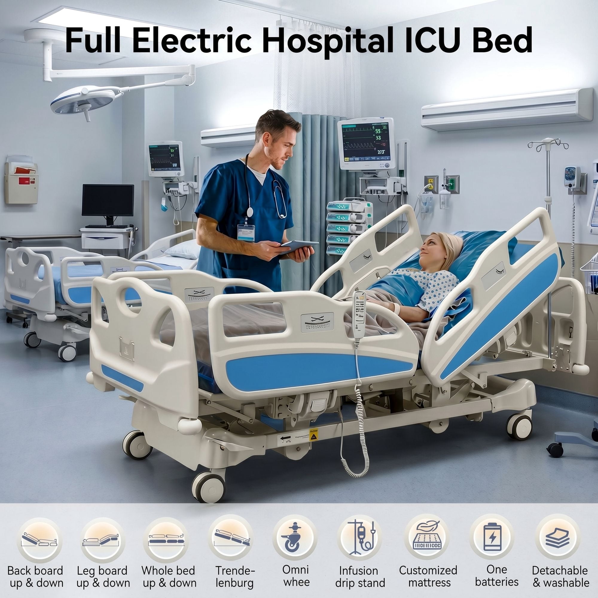 Naipo Premium 5 Function Full Electric ICU Hospital Bed with 4-inch Mattress, IV Pole and 5-inch Locking Casters for Home Use, 530LBS Loading