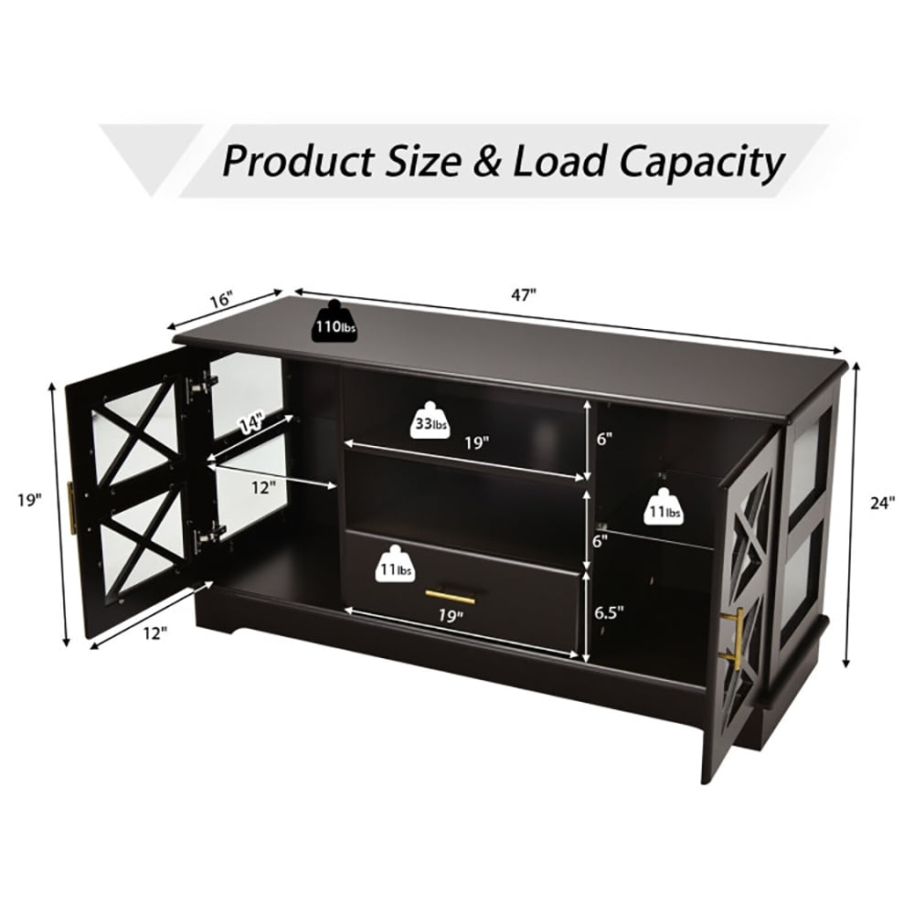 Finihen TV Stand, TV Cabinet, Wood TV Stand with 2 Glass Door Cabinets and 2-Tier Adjustable Shelves, Media Entertainment Center with Storage, for Living Room, Bedroom, Brown