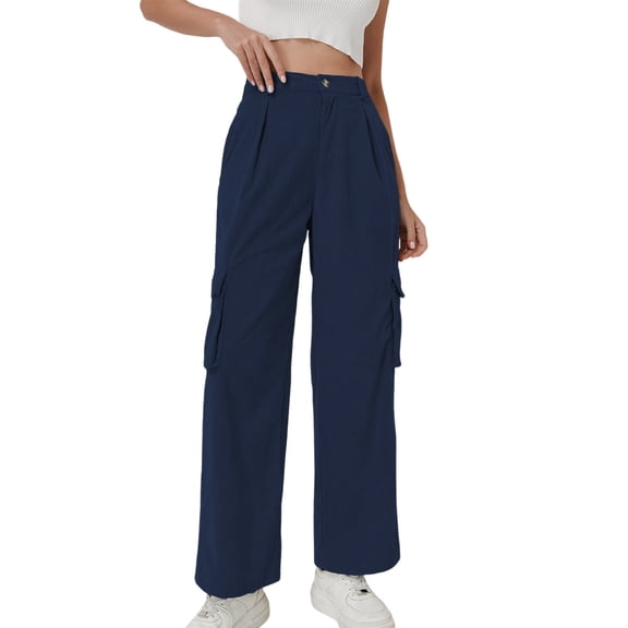 Scyoekwg Womens Straight Leg Pants Casual Solid Color Ladies Sweatpants High Waist Corduroy Wide Leg Pant With Pocket Loose Comfy Trousers Navy,XL