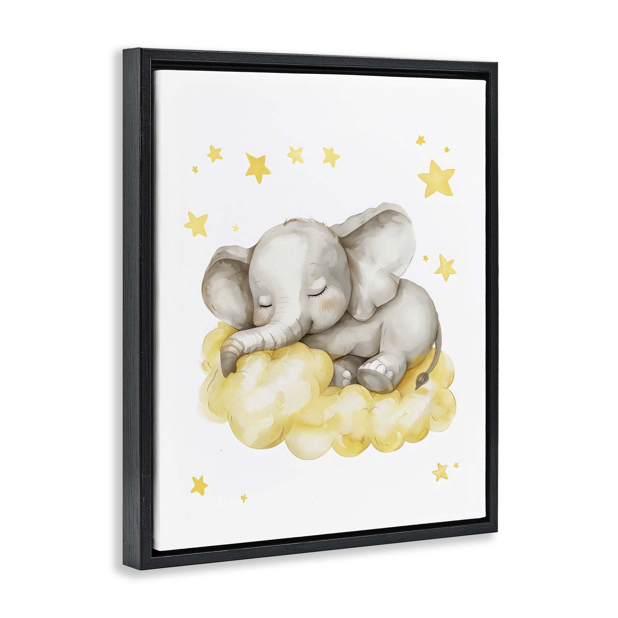 Stupell Industries Sleeping Elephant on Yellow Cloud Black Framed Floater Canvas Wall Art, design by LSR Design Studio