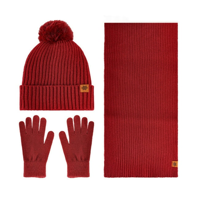 Red Winter Three Piece Set For Women Hat Scarf Gloves Double Velvet Padded Wool Material Free Size Red Hand Wash Cold Water